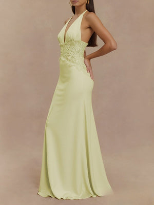 Light Yellow Lace Trim Halter Neck Maxi Dress with deep V-neck and lace waist detail.