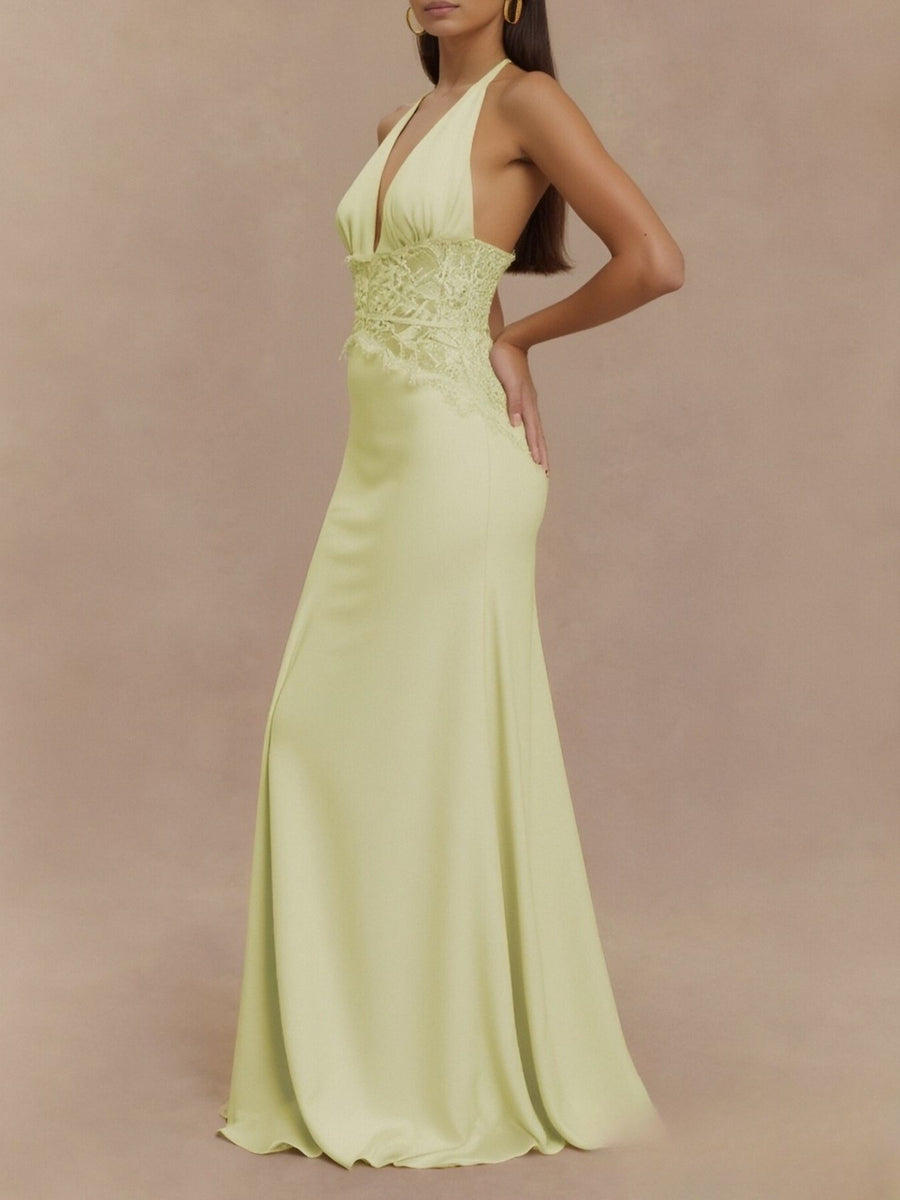 Light Yellow Lace Trim Halter Neck Maxi Dress with deep V-neck and lace waist detail.