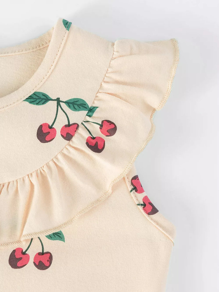 Apricot cherry print baby dress with ruffle neck and flutter sleeves.