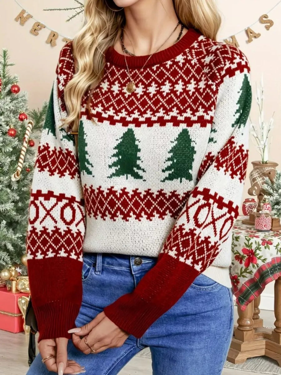 Red Christmas tree sweater with fair isle pattern and XO detail.