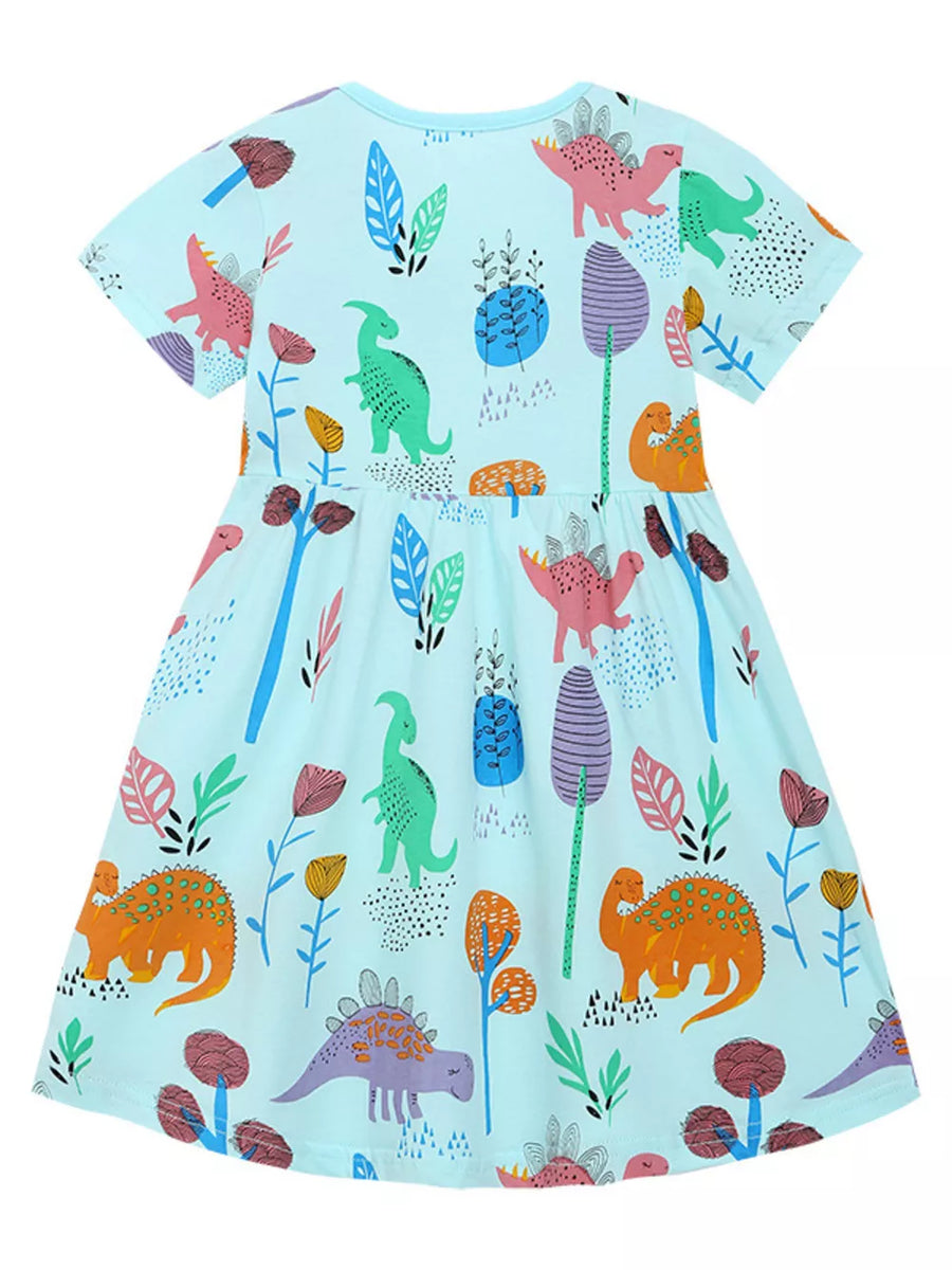 Light blue short sleeve dinosaur print dress with a gathered waist.