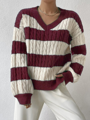 Brown v-neck sweater with stretchy and long sleeve