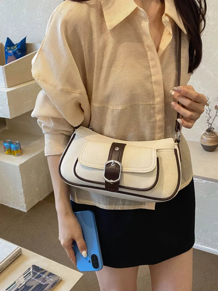 Vintage Buckle Detail Crossbody Bag in Off-white