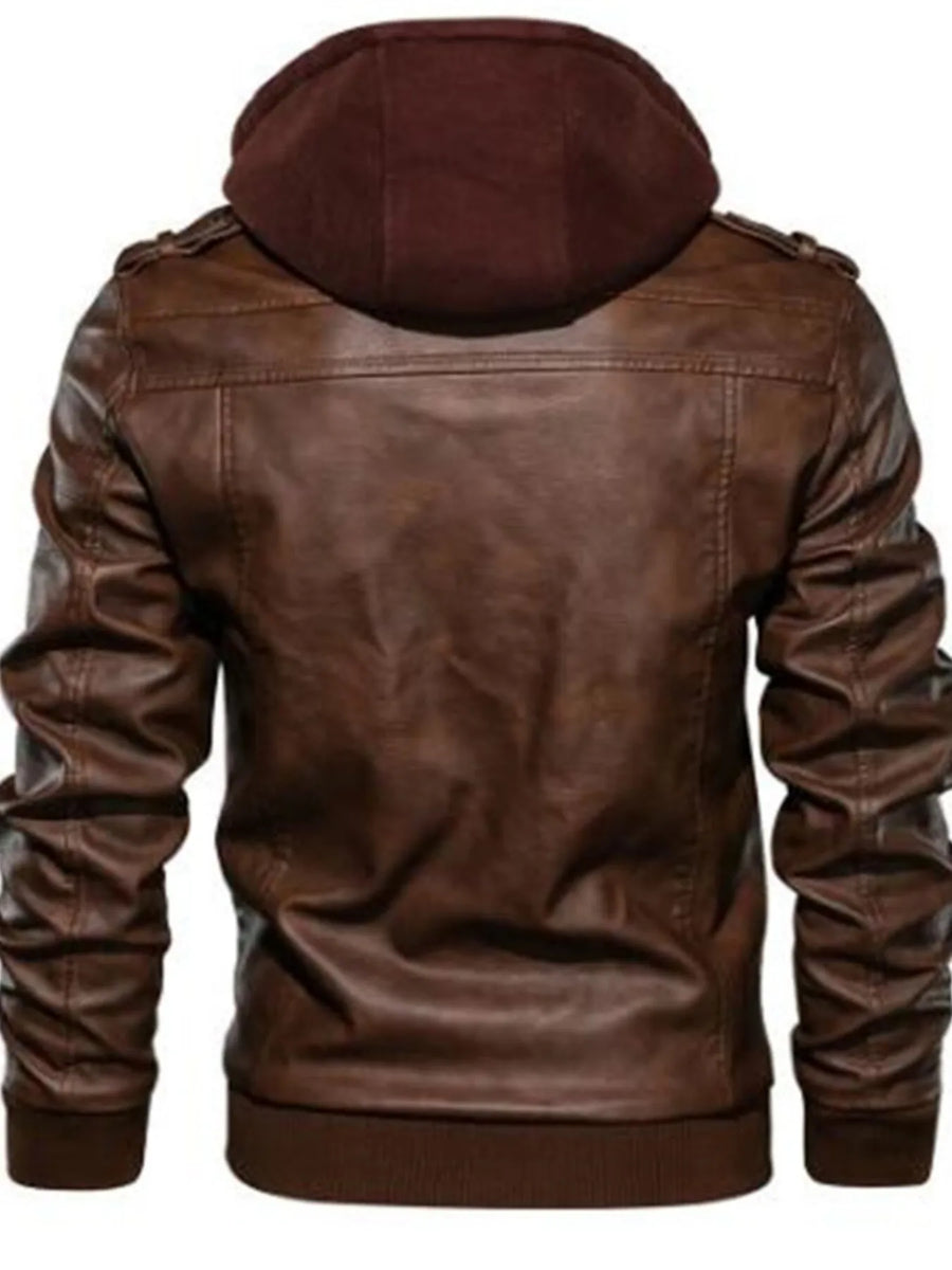 Brown leather hooded jacket with ribbed cuffs and hem.