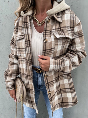 Oversized camel plaid shacket with hood detail, buttoned front and chest pockets.