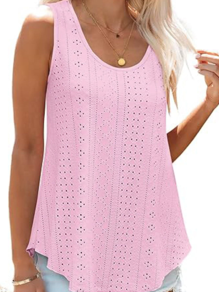Pink eyelet scoop neck tank top with intricate patterned cutouts