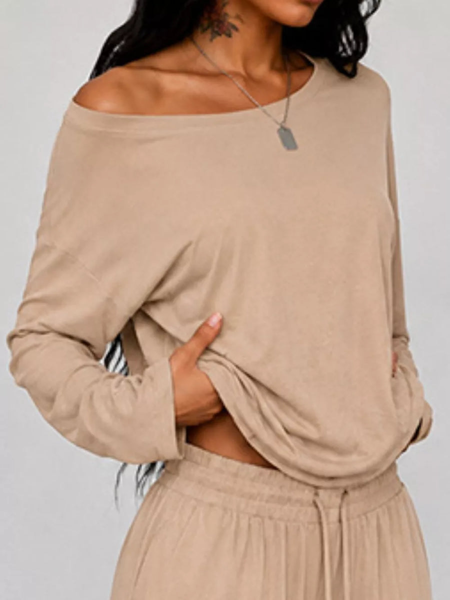 Green One-shoulder Top And Drawstring Pants Set Plus Size