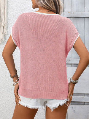 Pink ribbed knit short-sleeve top with white trim and a relaxed fit.