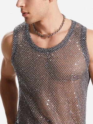 Silver metallic mesh tank top with sequins and a crew neck.