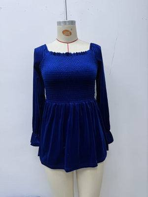 Velvet Smocked Peplum Blouse in Mauve with ruffled