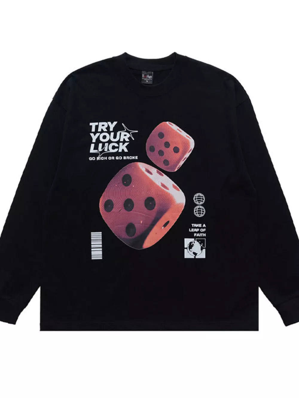 Black cotton long sleeve tee with bold lucky dice graphic and text.