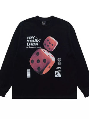 Black cotton long sleeve tee with bold lucky dice graphic and text.