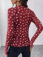 Sheer Polka Dot Long Sleeve Mock Neck Top in White with mesh
