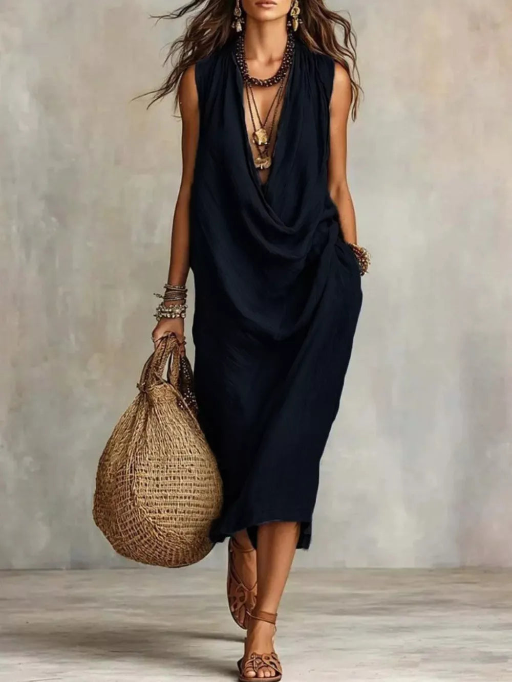 Khaki Full Size Cowl Neck Sleeveless Midi Dress
