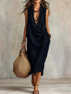 Khaki Full Size Cowl Neck Sleeveless Midi Dress