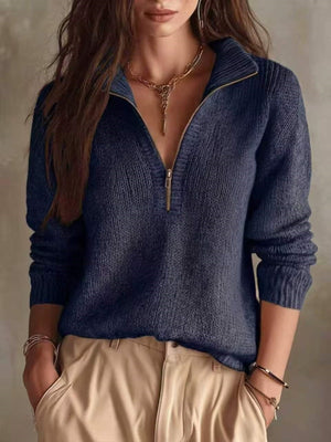 Relaxed Half Zip Dropped Shoulder Sweater in White
