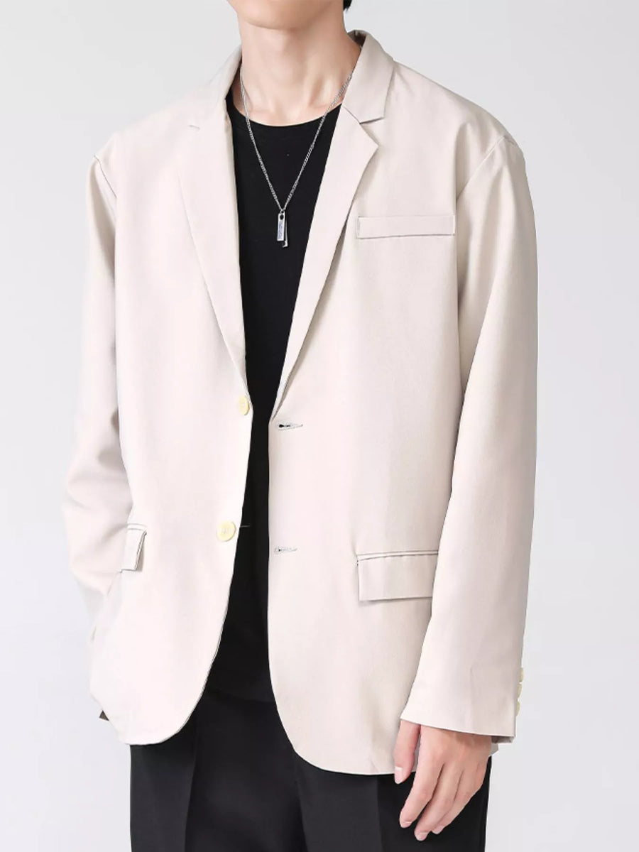 Men's Khaki Lapel Collar Button Up Blazer with two-button closure and chest pocket.