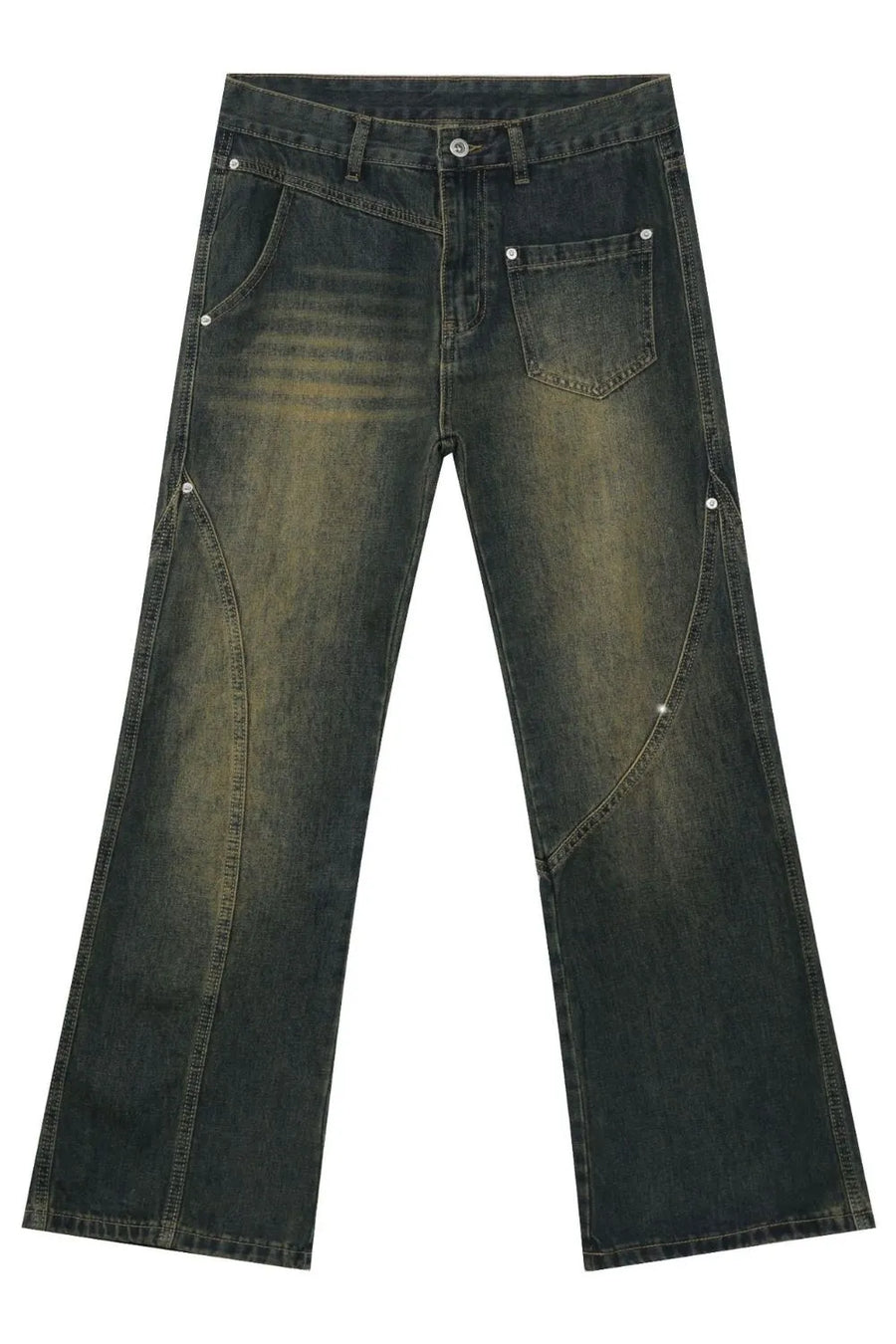 Dark faded seam detail bootcut jeans with a vintage wash