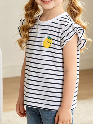 Baby girls white and navy striped cotton tee with ruffle sleeves and a cheerful lemon patch.