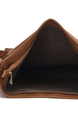 Earthy slouchy shoulder bag in chocolate brown faux leather with an open top and gold zipper detail.