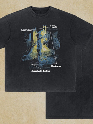 Black graphic t-shirt with an apocalyptic scene featuring a child holding a lantern on a cobblestone street.