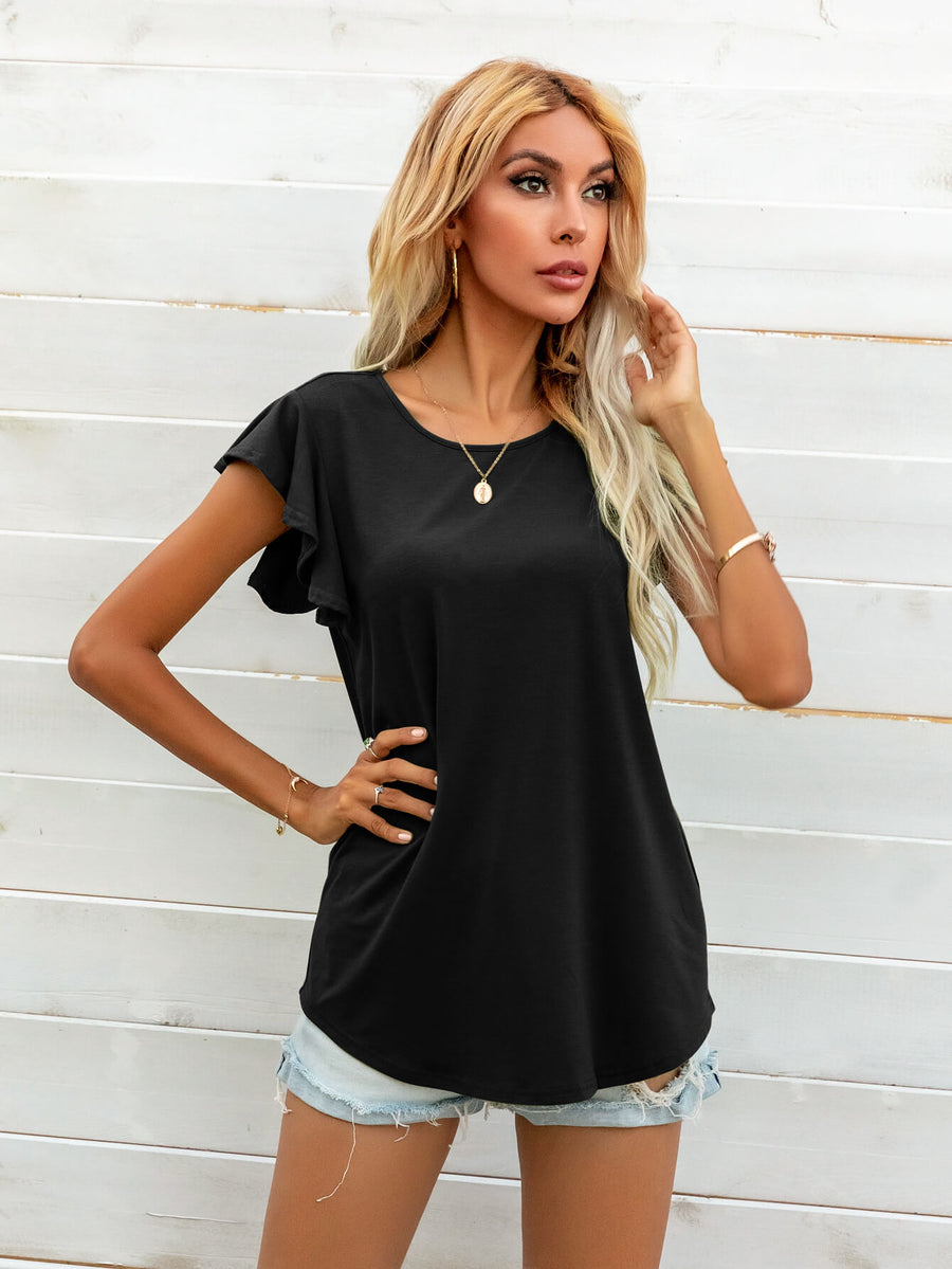 Black tee with ruffled cap sleeves and a scoop neck.