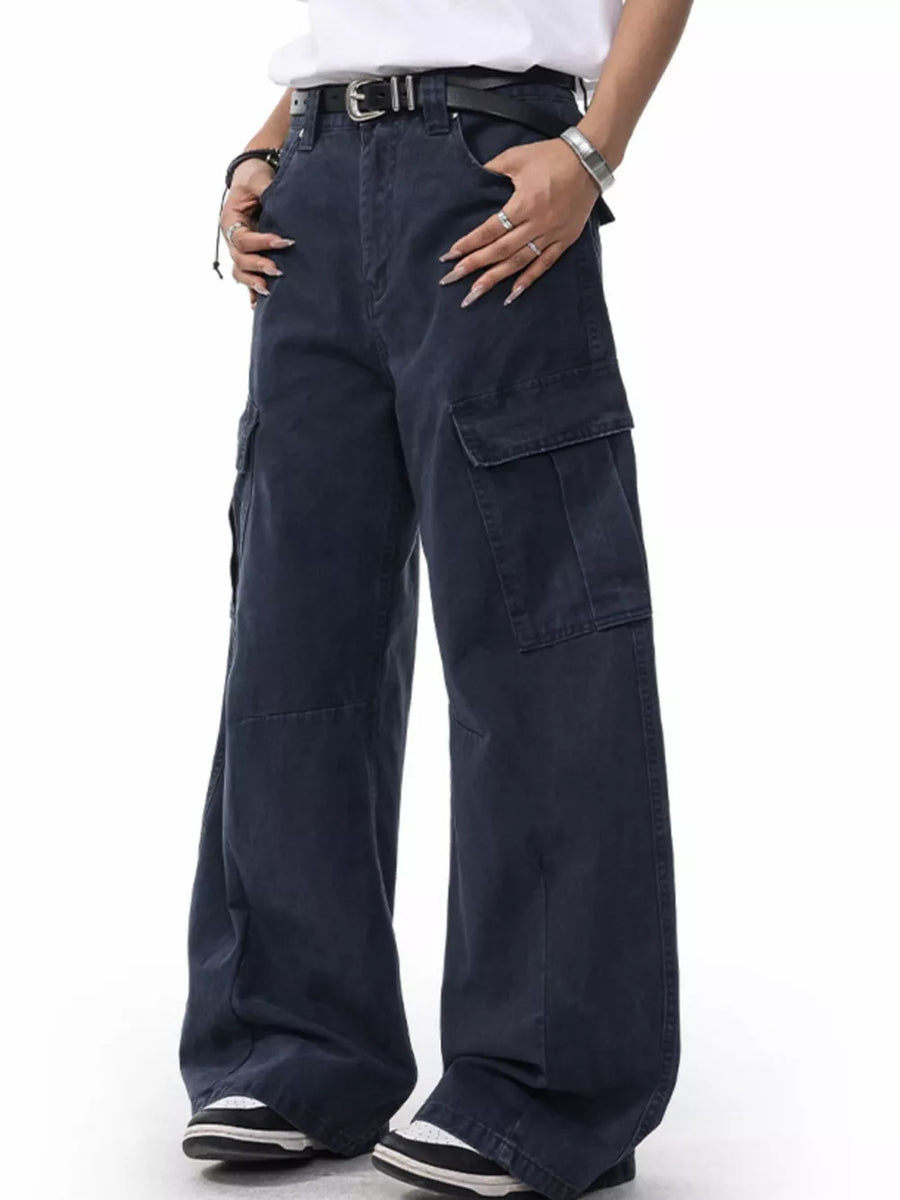 Men's dark navy cargo sweatpants with multiple pockets and a relaxed fit.