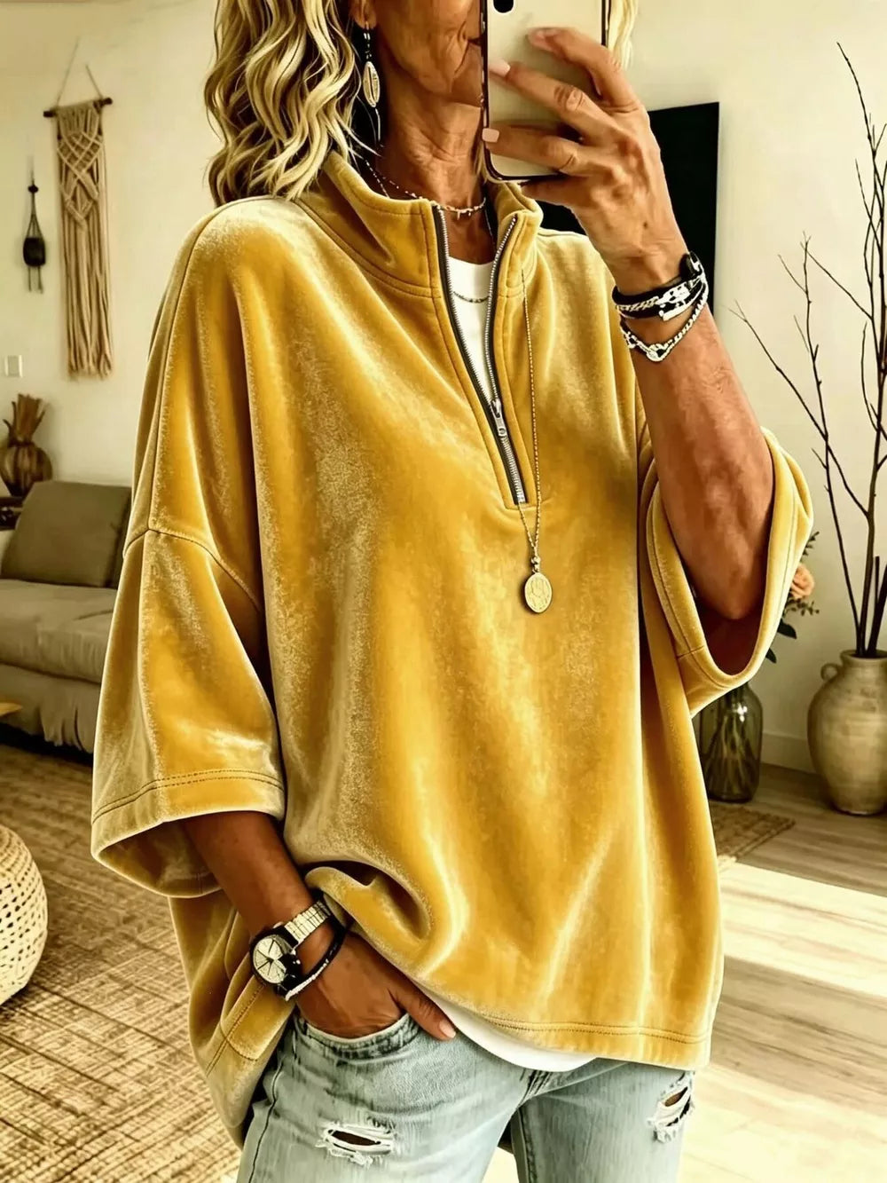 Black sweatshirt with hip-length and quarter-zip