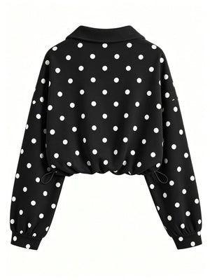Polka Dot Half Zip Cropped Sweatshirt in Coffee Brown