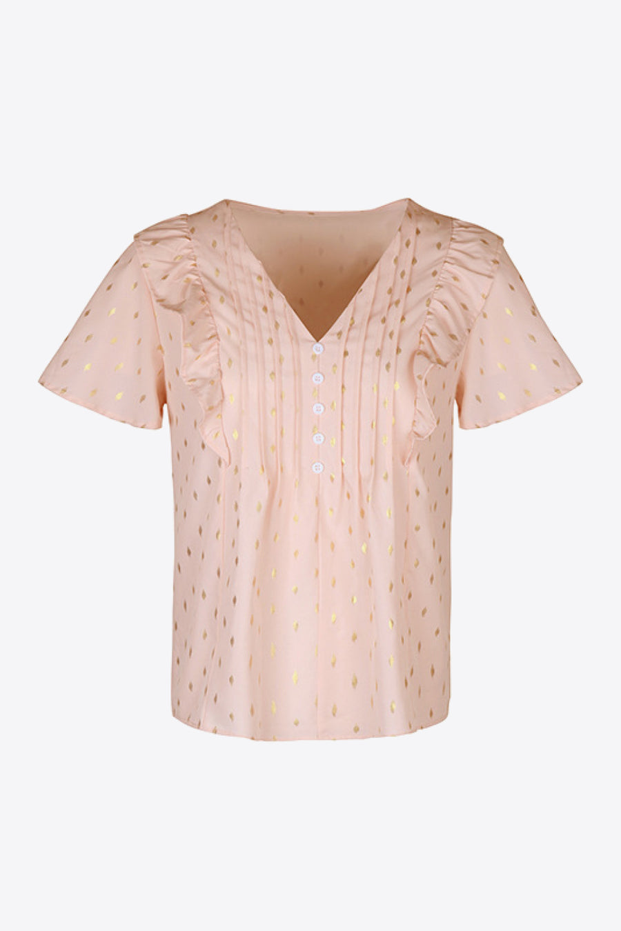 Watermelon pink dotted ruffle front button-down blouse with V-neck and short sleeves.
