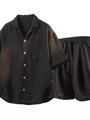 Black Men's Button-up Short Sleeve Shirt & Shorts Set