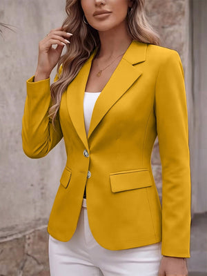 white blazer with hip-length and button-front