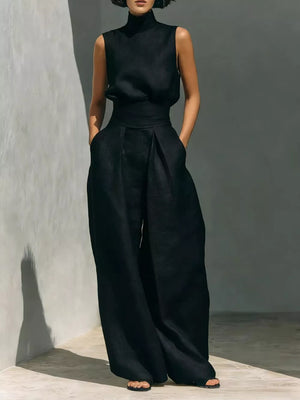 Sleeveless Wide-leg Jumpsuit With Smocked Waist in Wine Red