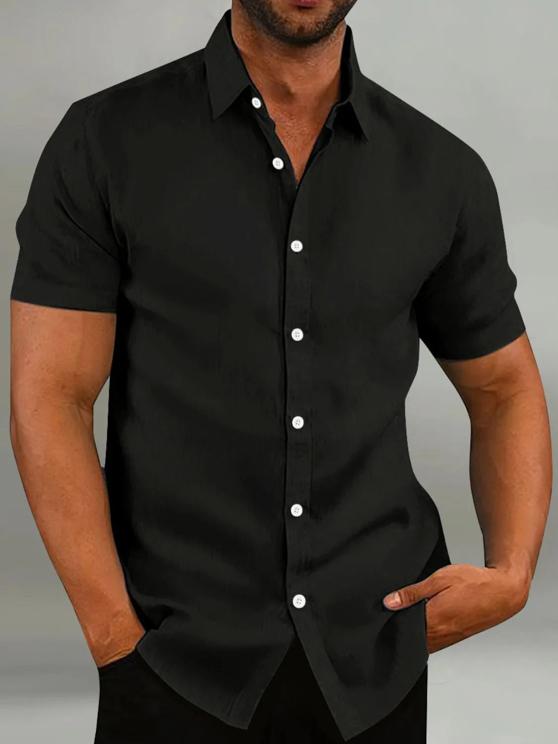 Black linen-blend short-sleeve button-down shirt with a tailored fit.