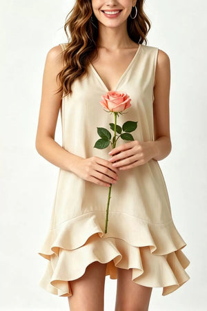 Tiered ruffle hem mini dress in beige with V-neck and sleeveless design.