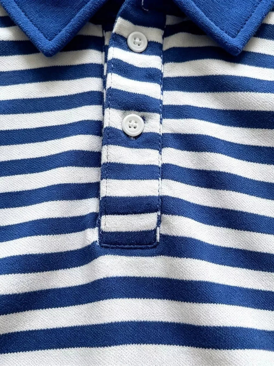 Blue and white striped baby polo shirt with two white buttons and a blue collar.
