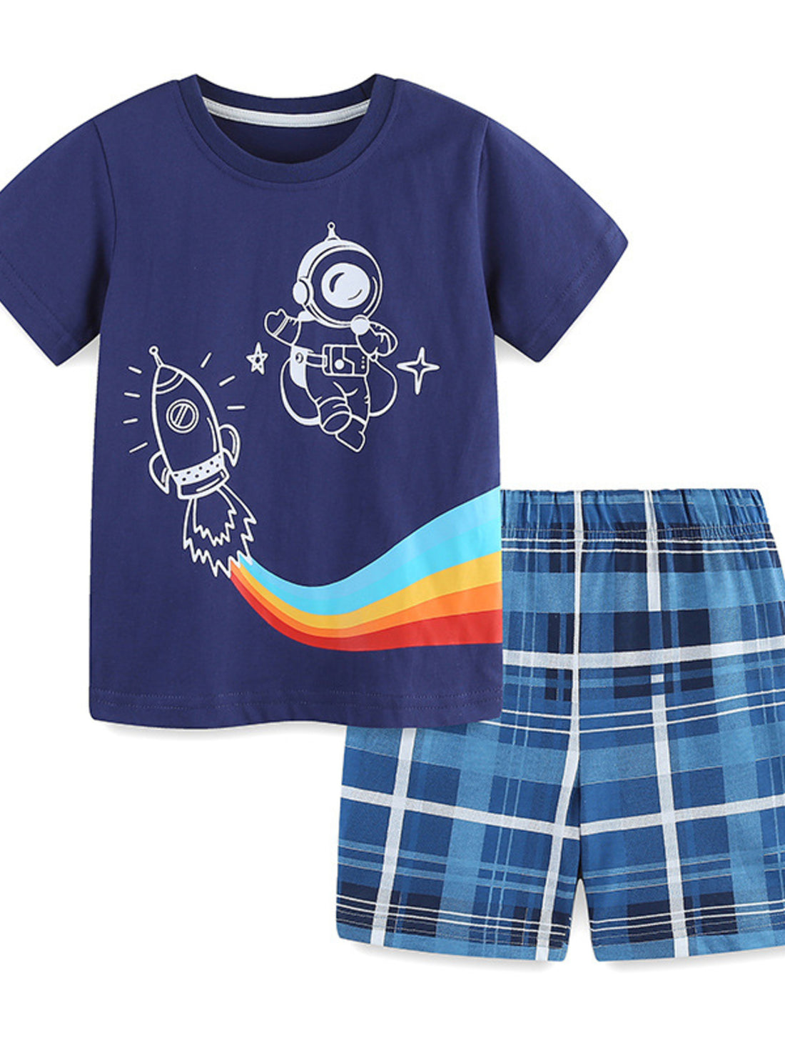 Navy cotton tee with astronaut and rocket graphic, paired with blue plaid shorts.