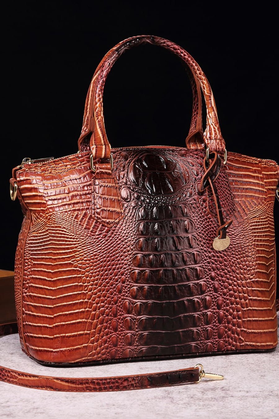 Exotic Crocodile Satchel bag in gradient brown with textured finish and top handles.