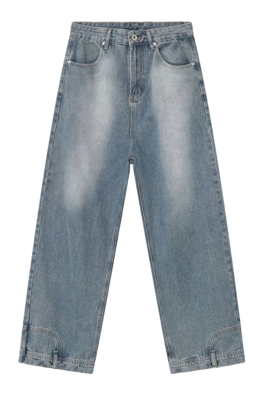 Baggy denim jeans in medium wash with distressed detailing and a wide leg