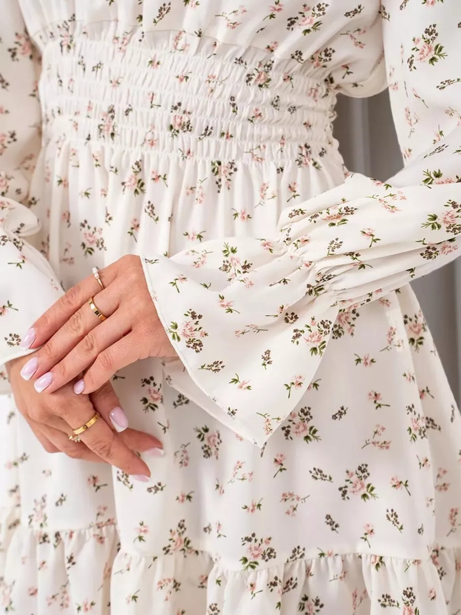 Blue with Off-shoulder Floral Ruffle Dress in Blue