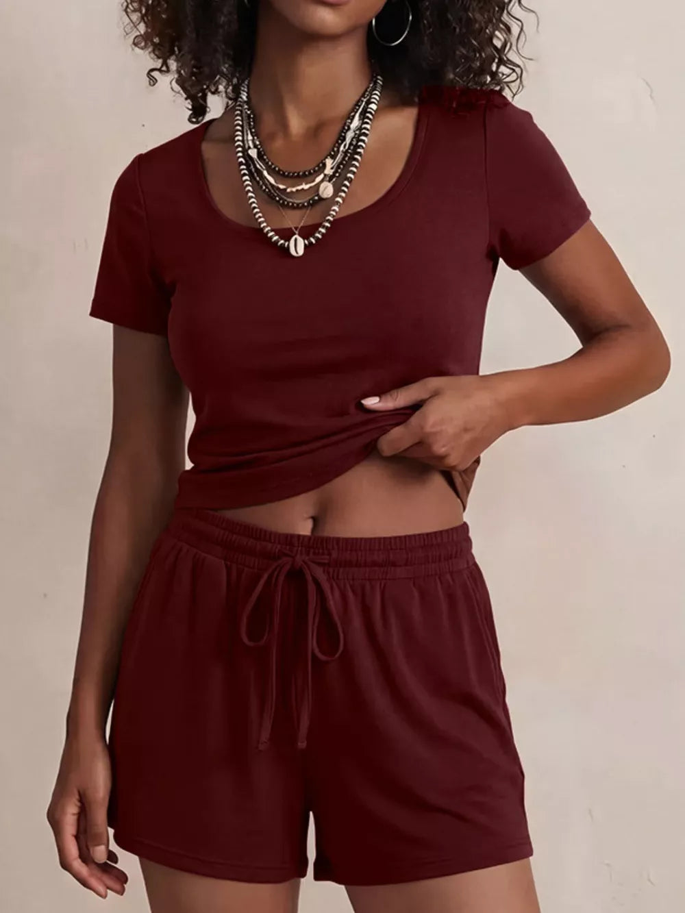 Burgundy scoop-neck tee and drawstring shorts pajama set for women.