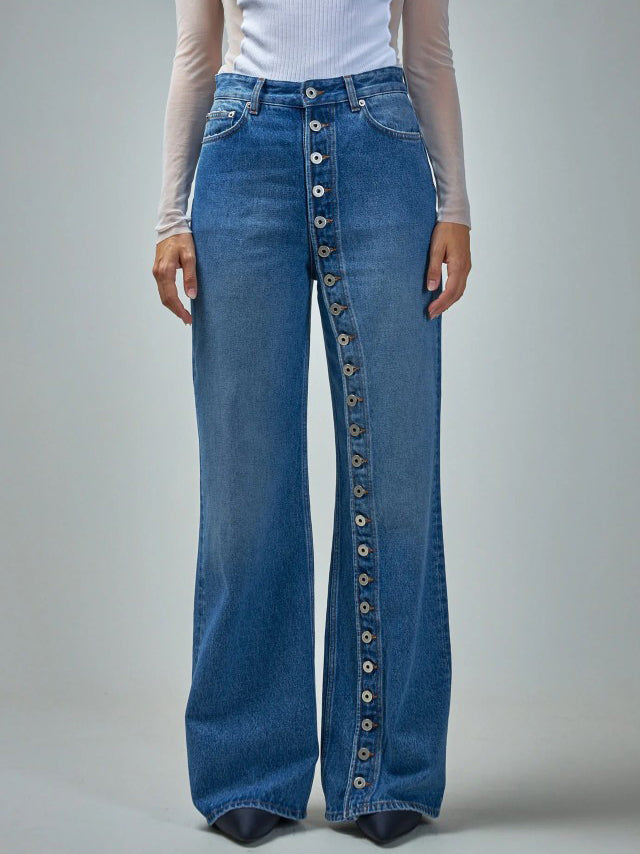 wide-leg jeans in medium blue featuring high-waisted and flared fit