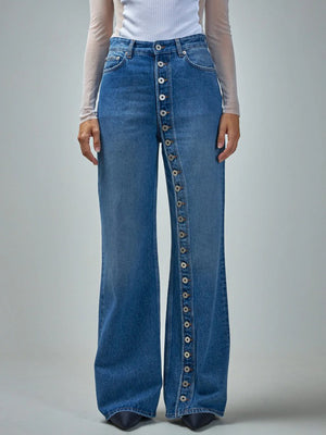wide-leg jeans in medium blue featuring high-waisted and flared fit
