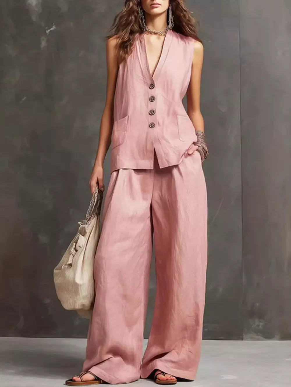 Pink Sleeveless Buttoned Vest And Wide-leg Pants Set