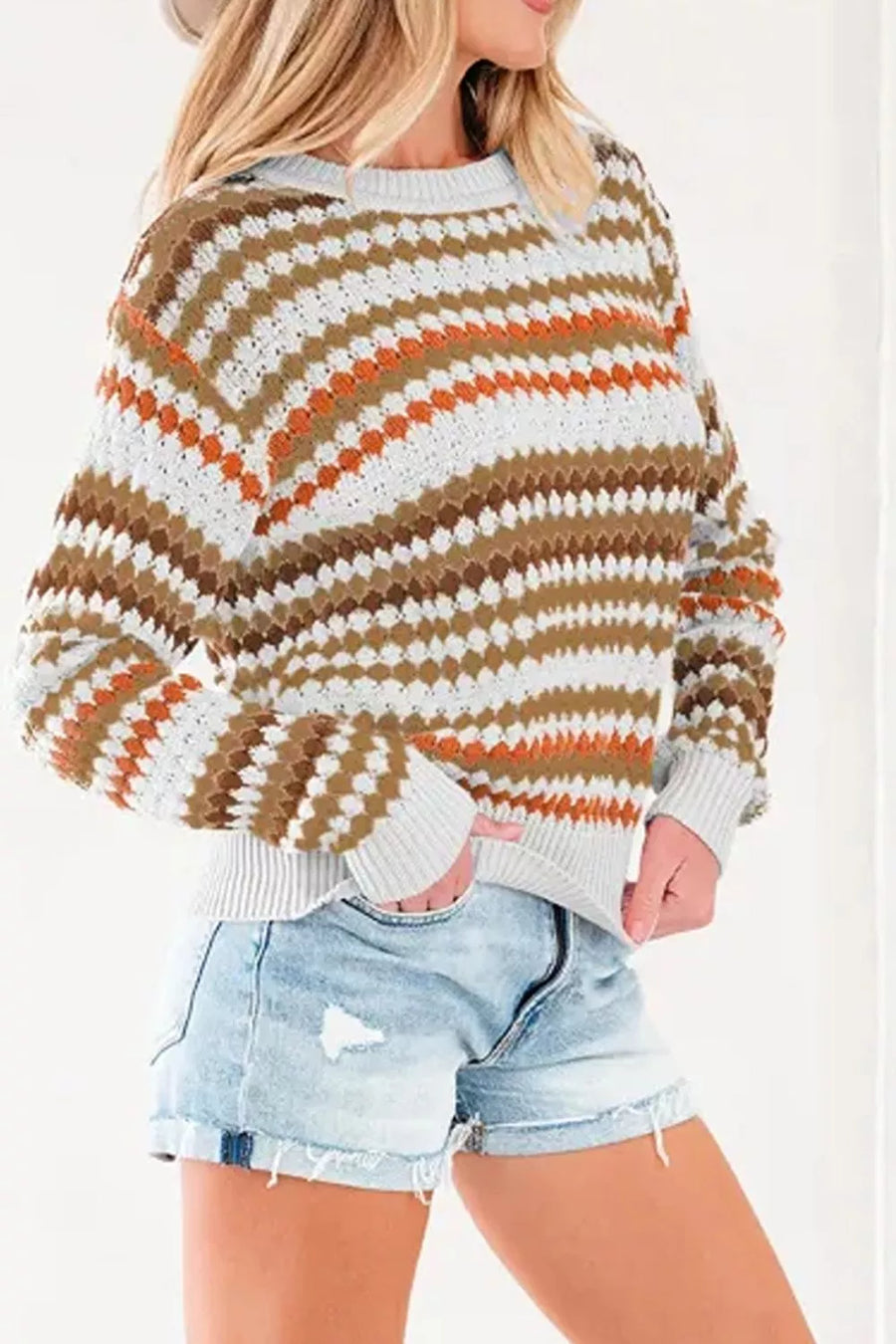 Striped Geometric Pattern Sweater in Blush Pink