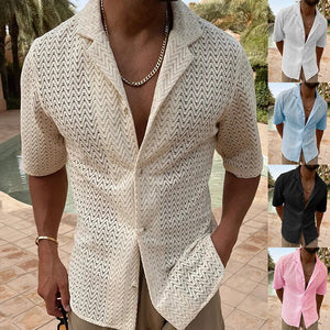 Open-knit herringbone resort shirt in ivory with short sleeves and a camp collar.