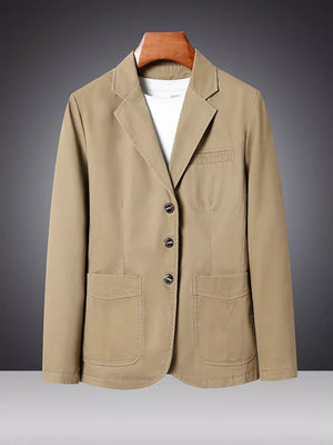 Khaki cotton lapel blazer with button closure and patch pockets.