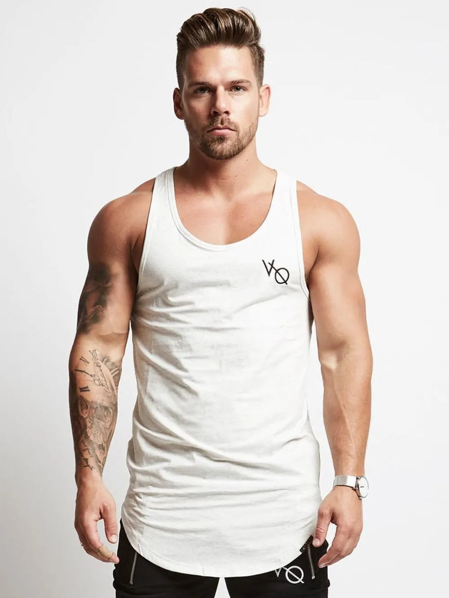Men's white heathered racerback tank top with roundneck and subtle logo detail.
