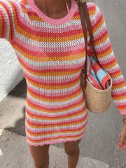 Rose Gold with Striped Long Sleeve Crochet Knit Dress