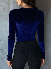 Dark blue velvet ruched long sleeve t-shirt with subtle sparkle detail.
